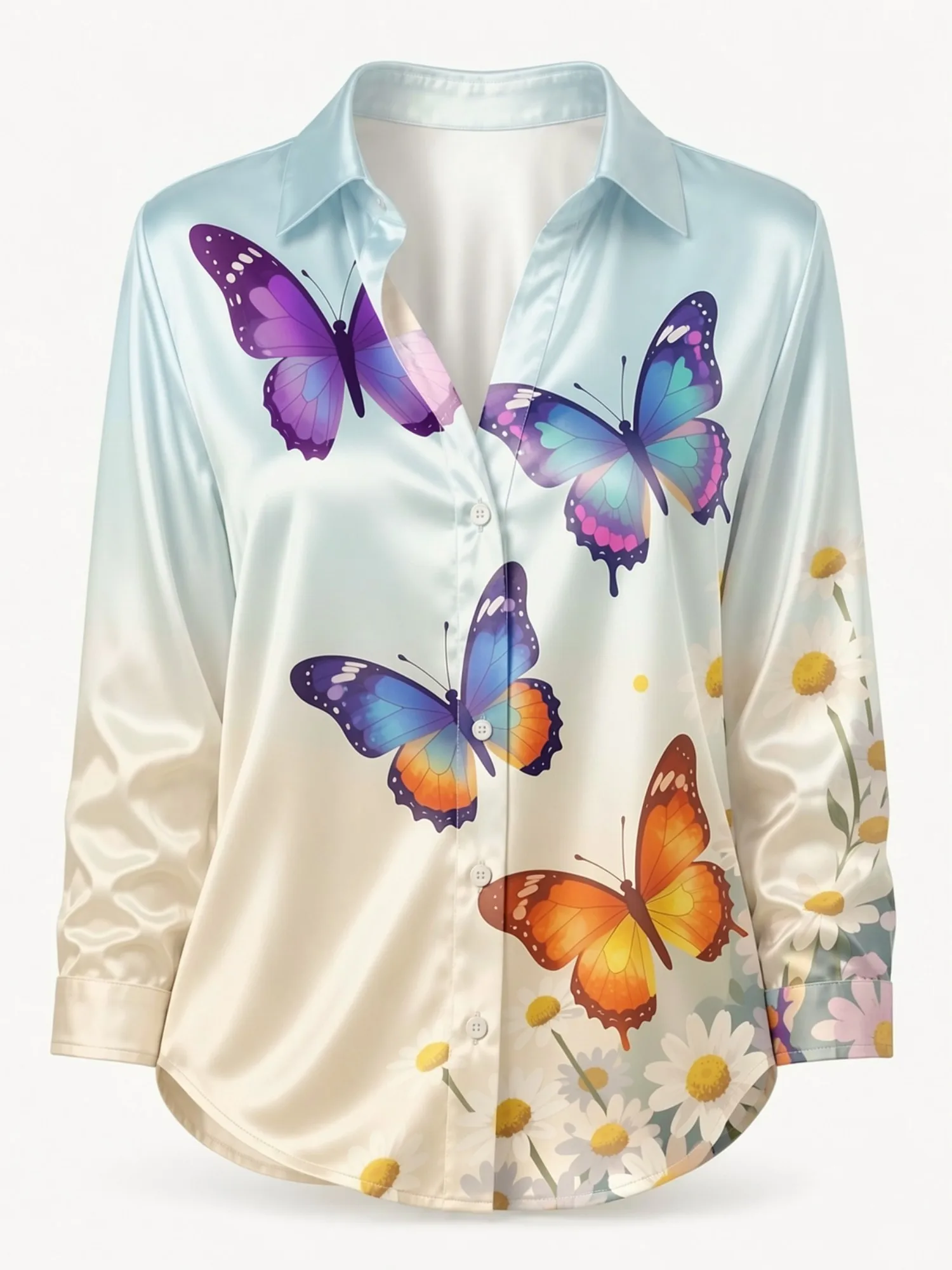 Ivory Butterfly Satin Button Shirt for Women Daisy Floral Print Elegant Long Sleeve Blouse Soft Spring Garden Casual Top