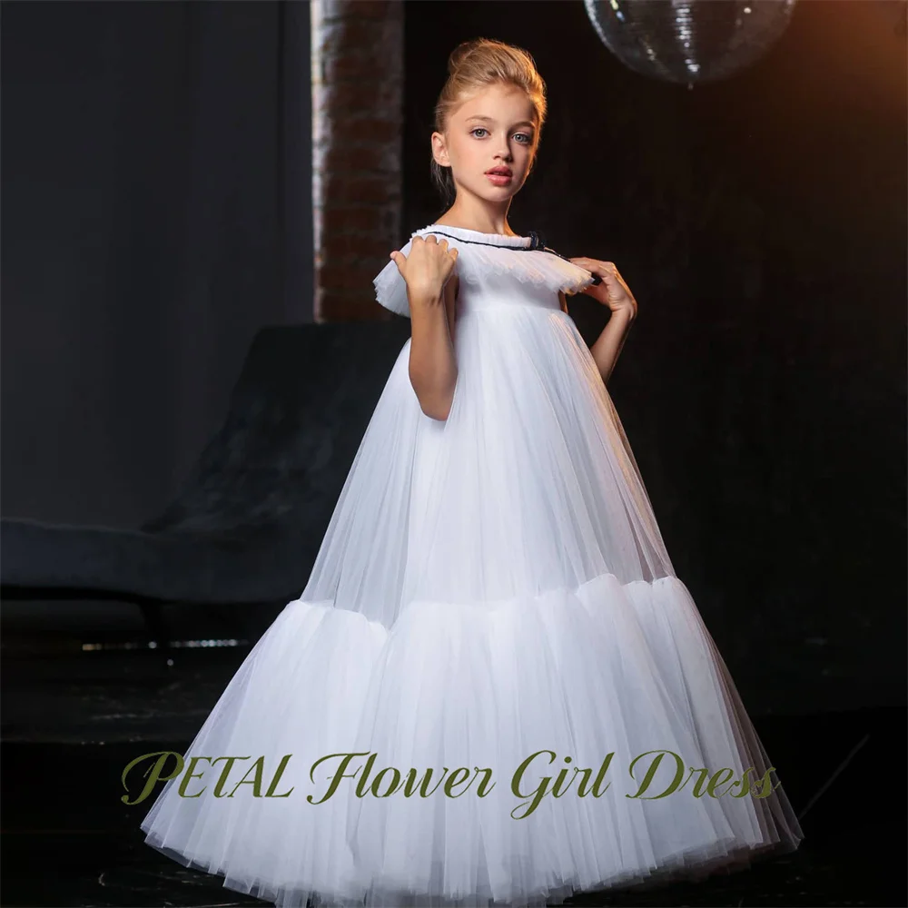 

Petal Pure White Princess Girls Dress Round Neck Ball Gown Party Tutu Dresses Empire Waist Two Tier Ruffle Tutu Fluffy Prom Gown