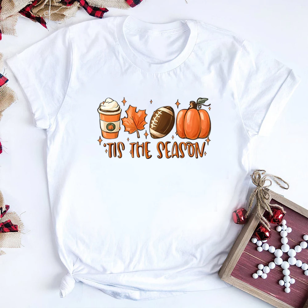 Tis The Season Fall Pumpkin T-Shirt Unisex Game Day Tees Vintage Fall Season Tshirt Cute Short Sleeve Latte Coffee Autumn Tops