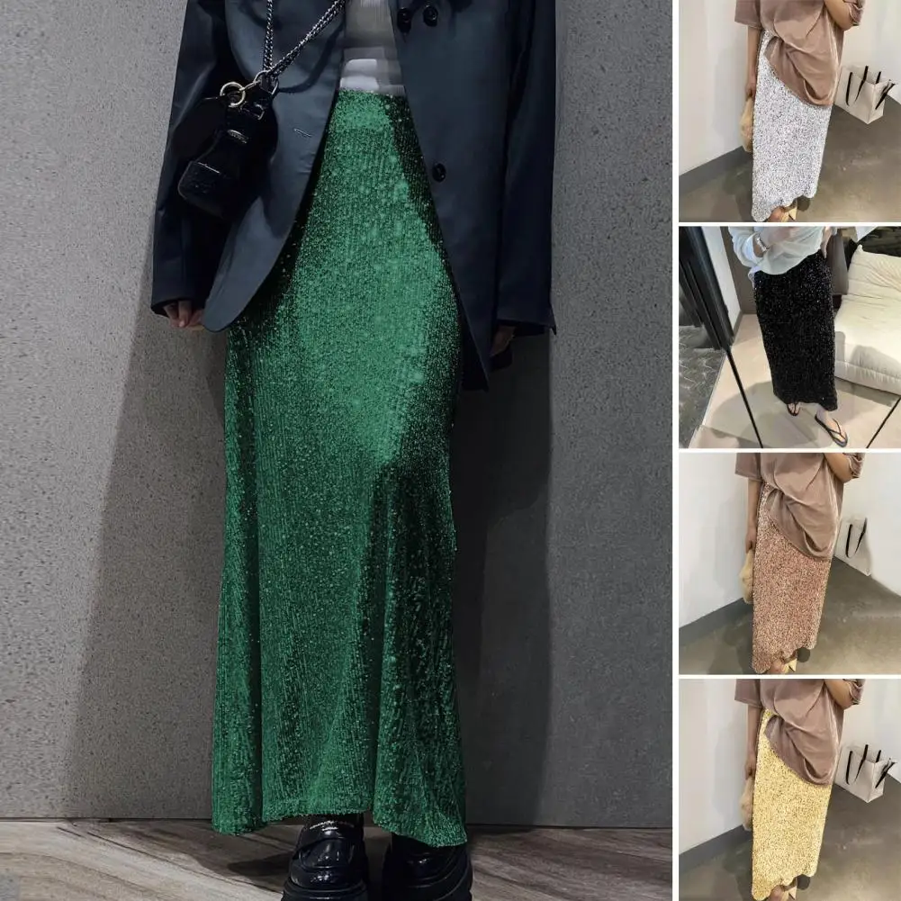 

Soft Breathable Skirt Elegant Sequin Embellished Maxi Skirt for Women High Waist Solid Color Design Long Leg-shaping Skirt