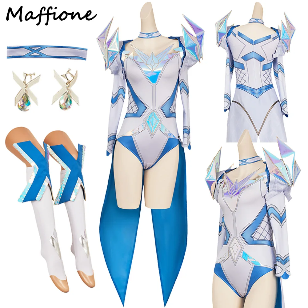 

Game Rivals Role Emma Frost Cosplay Costume Women Adult Girls Roleplay Blue White Jumpsuit Socking Earrings Halloween Party Suit