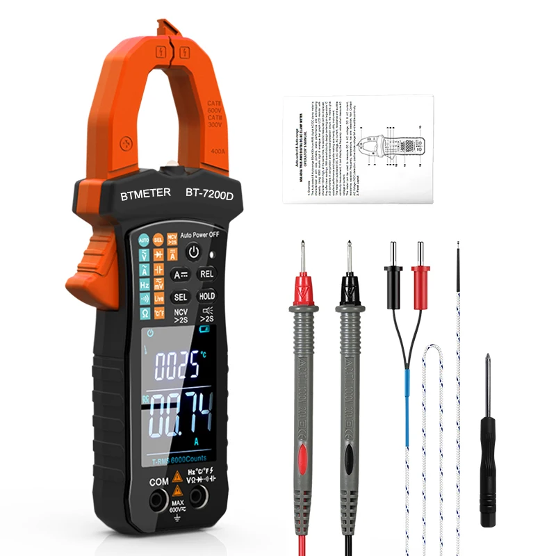 

BT-7200D Auto-select & Auto-range 60A/400A True-RMS Digital AC/DC Clamp Meter can Auto-select DC&AC Voltage ACcurrent Resistance