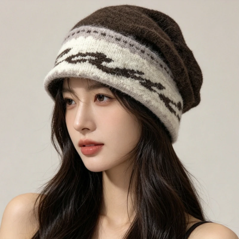 Winter Beanie Hat Camo Pattern Knitted Warm Cap Rolled Brim Fuzzy Plush Autumn Outdoor Skiing Casual Soft Skull Hat Unisex