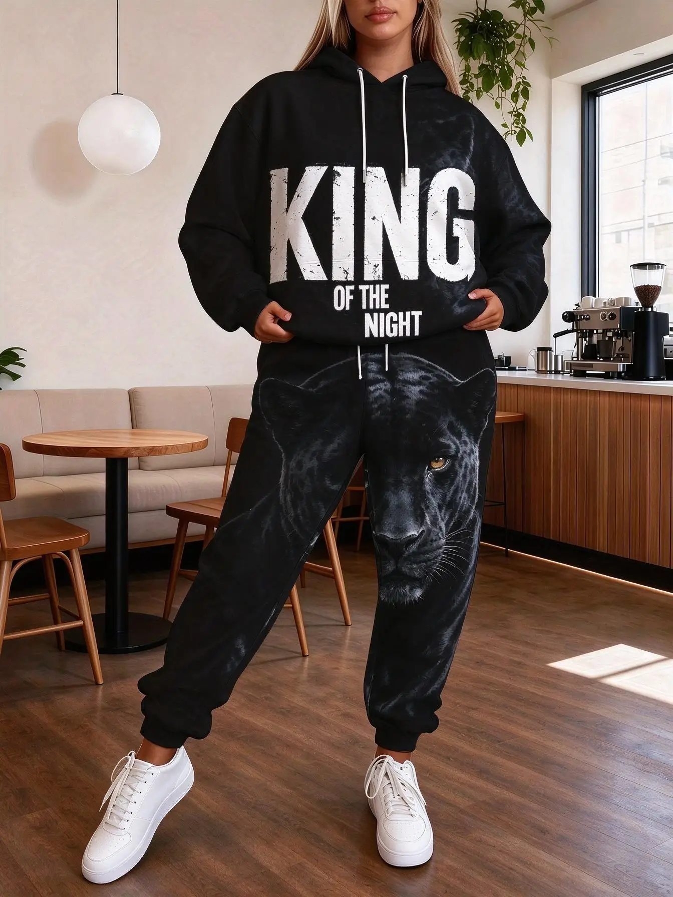 Streetwear Distressed Letter Animal Art 2Pcs Sweat Set, Women Long Sleeve Hoodie & Joggers