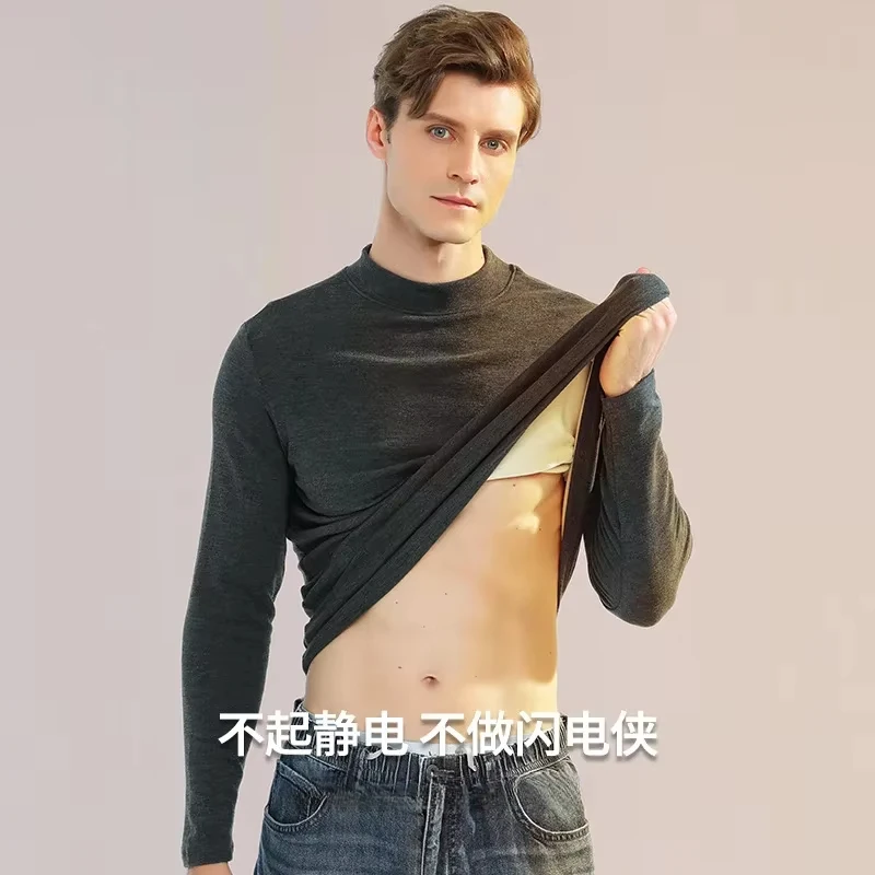 Bamboo Fiber T-shirts Man Semi-high Collar Silk Wool Thermal Underwear Thicken Warm Mens Tshirt Long Sleeve Thermal Clothing