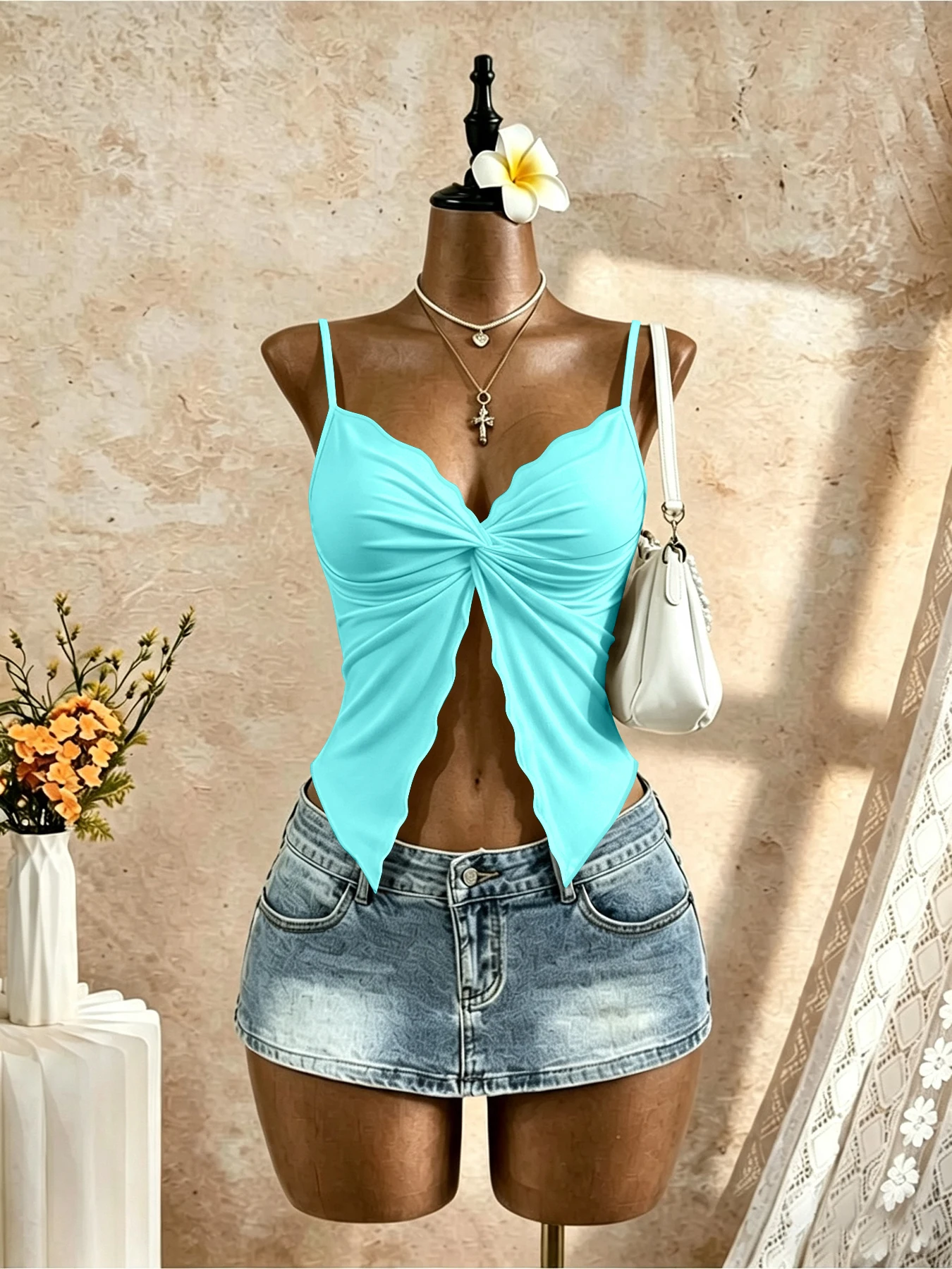 Damen Sweetheart-Ausschnitt Twist-Front Spaghettiträger Crop-Top Hochelastischer Weicher Stoff Frontschlitz Unregelmäßiger Saum Slim Fit Y2K Vacat – Detail 1