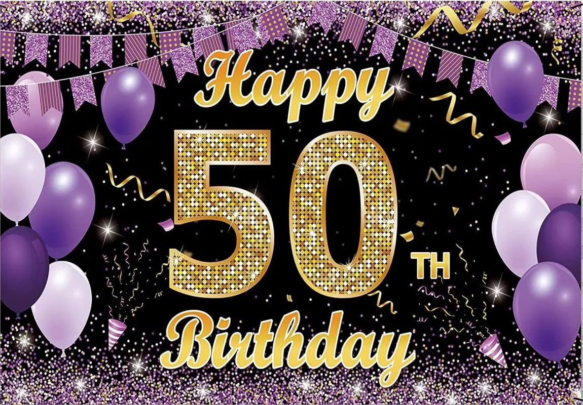 Happy 50th Birthday Decorations Backdrop Banner Gold Purple Party Photo Decor Supplies for Women men Photography Background