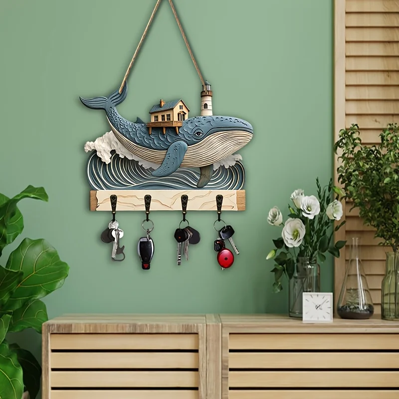 1 Piece 2D Wooden Hanging Decoration with Household Key Hook Whale Pattern Wooden Key Hangers Wall Mount Room Decoration