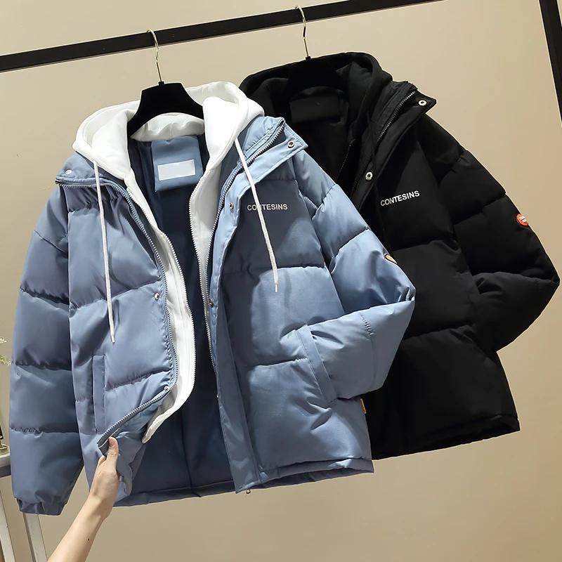 

Women's Thiened Cotton Jaet Autumn Winter Hooded Zipper ort Sle American Bread Coat Fake Two-Piece Cotton Clothes