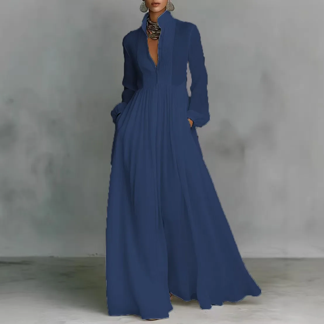 

French Elegant High Waist Swing Long Dress Woman Spring Solid Pockets Pleated Maxi Dress Autumn Long Sleeve Button Evening Dress