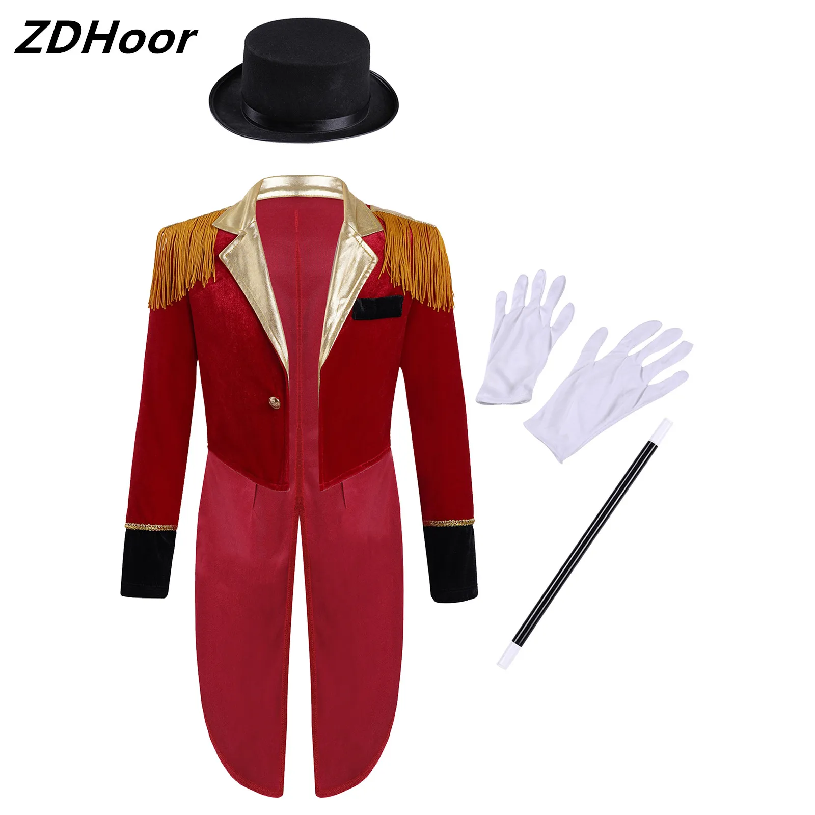 

Kids Boys Circus Costume Set Long Sleeve Lapel Tassel Shoulder Tailcoat with Hat Magic Wand Gloves for Halloween Cosplay