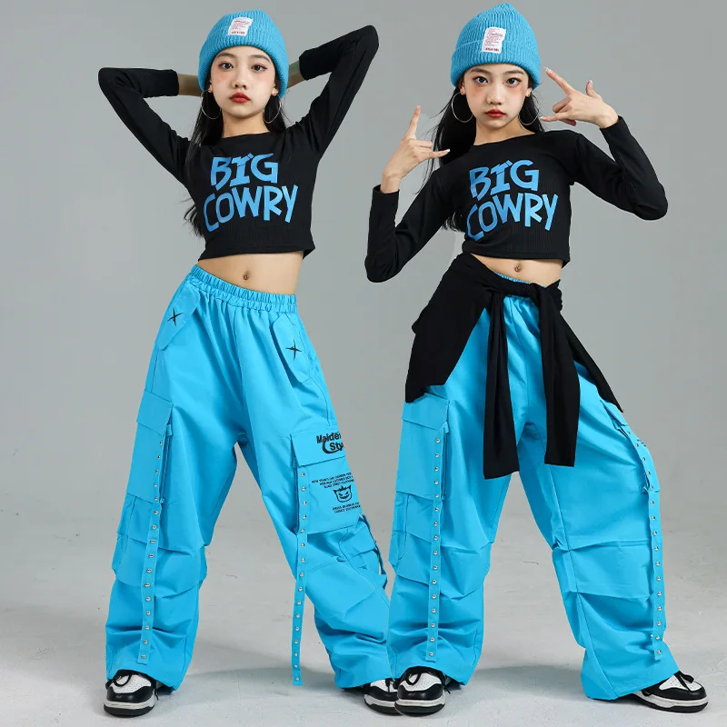 

Костюм для джазовых танцев для девочек, детский модный костюм для уличных танцев, черно-синий тренировочный костюм для девочек