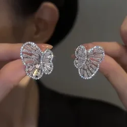 Korea Exquisite Sweet Zircon Butterfly Stud Earrings for Women Luxury Temperament Female Statement Jewelry