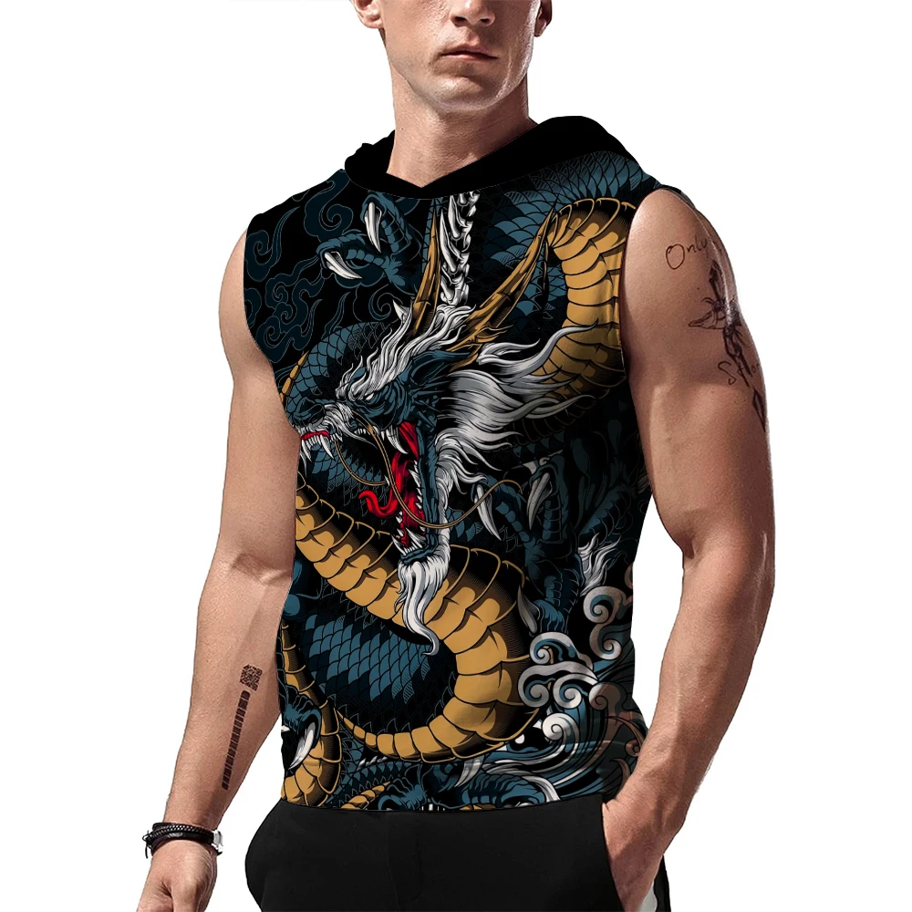 

Men's hooded sleeveless top 3D printed dragon print auspicious clouds Fashion summer sports breathable quick drying sports vest