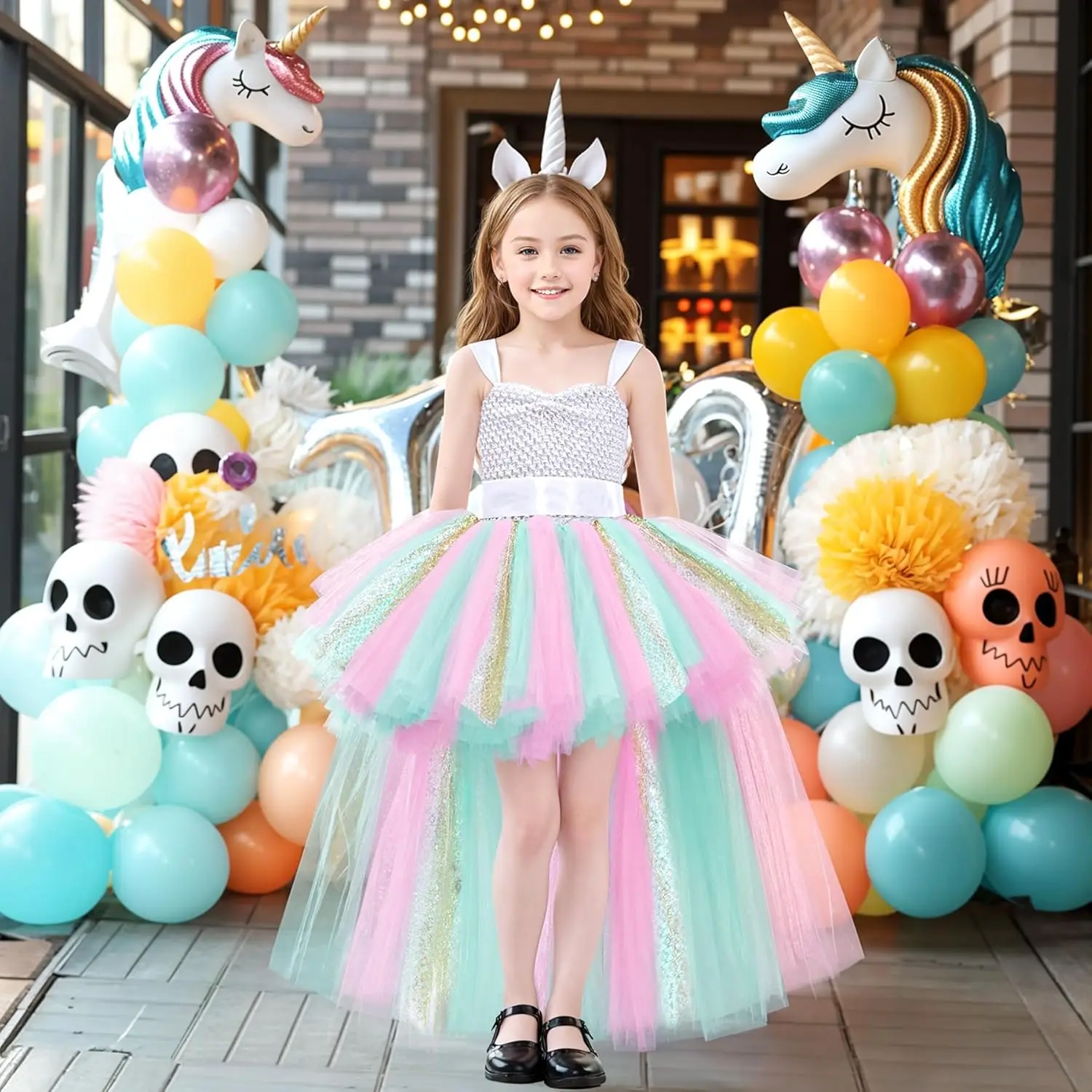 

Rainbow Girl Flower Dresses Shiny Party Tutu Dresses for Halloween with Train Tulle Princess Children Party Evening Dress