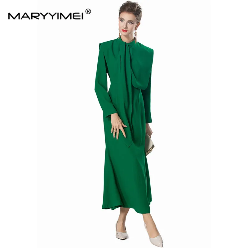 MARYYIMEI Women\'s Elegant Commuter Dress Long-Sleeved High waist Solid Color Autumn and Winter Office Work Dresses