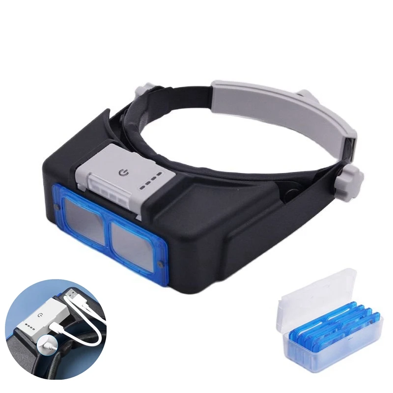 1.5X 2X 2.5X 3.5X Rechargeable Headband Magnifier Head Wearing Magnifying Glass Loupe with LED Light Third Hand for Repair