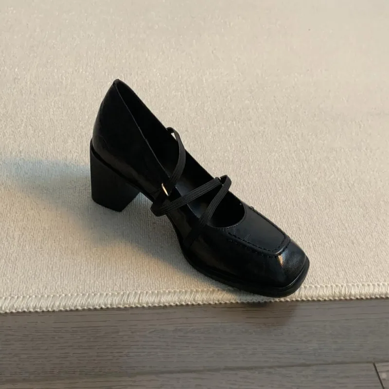 Zapatos Mary Jane de Tacón Cuadrado Negro para Mujer, Premium, con Correa Elástica, Modelo 2026, para Trabajo, Fiesta, Vestir, Zapatillas Mujer