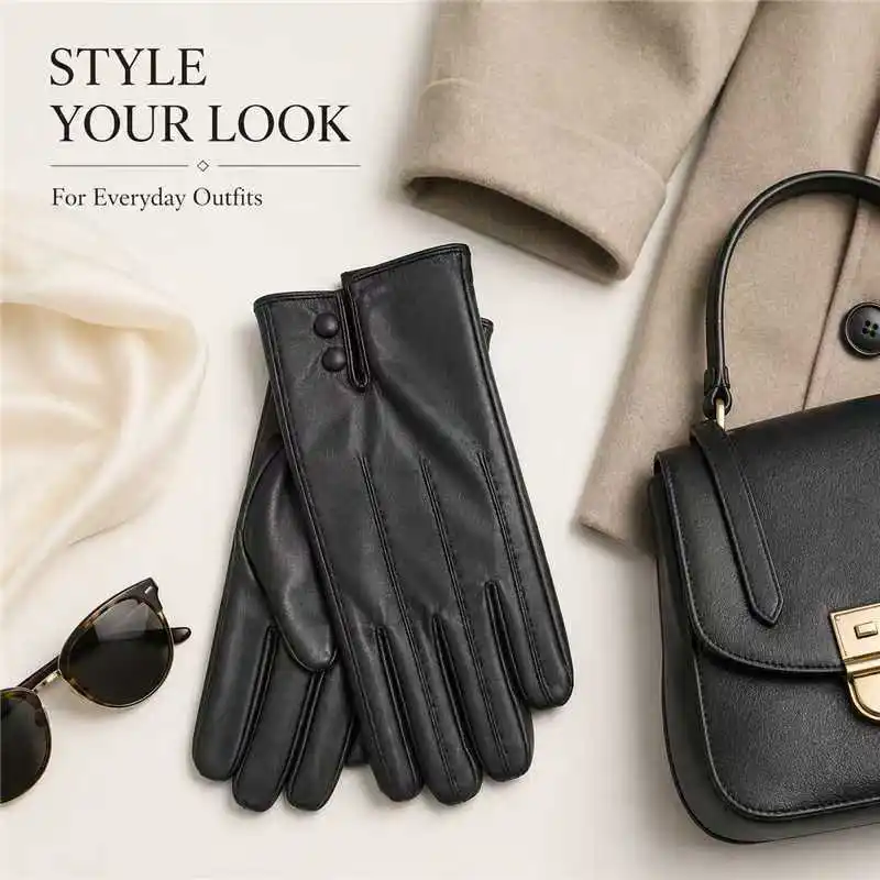Women Fashion PU Five Finger Touchscreen Winter Gloves, Warm Gloves With Thread Strap & Two Decor Buttons