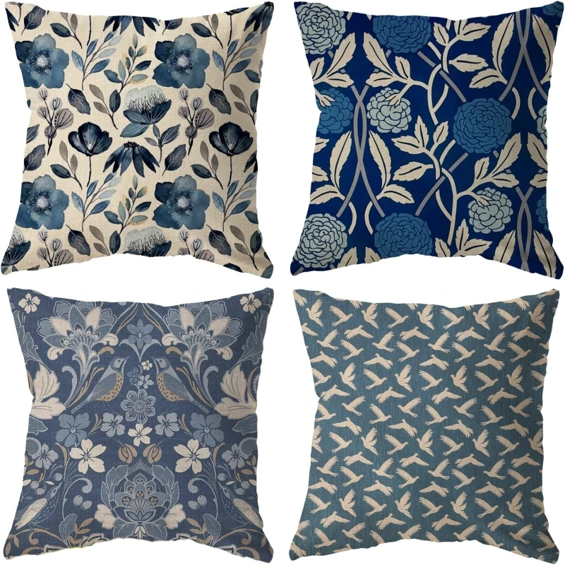 Blue Flowers Retro Rustic Farmhouse Pillow Covers Cotton Linen Cushion Case Sofa Throw Pillows Cover Living Indoors Home Decor