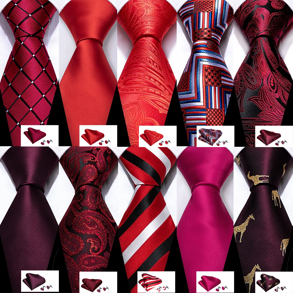 Fashion Men Tie Set Red Burgundy Solid Paisley Striped Plaid Floral Necktie Handkerchief Cufflinks Wedding silk Business