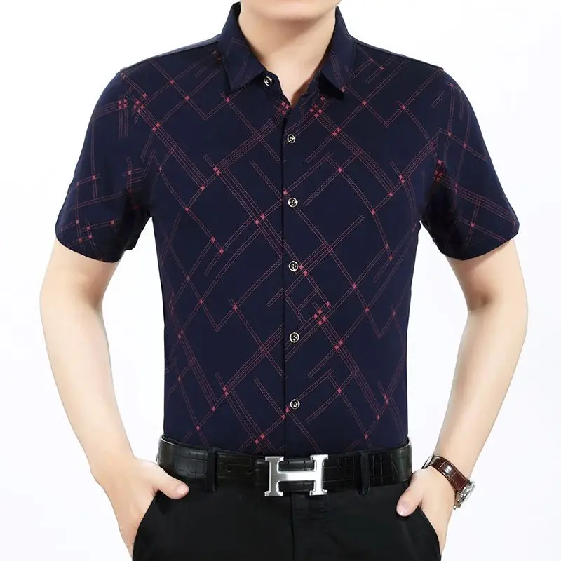 

Fashion Lapel Printed Short Sleeve Plaid Shirts Men's Clothing 2024 Summer New Loose All-match Tops Business Casual Shirts