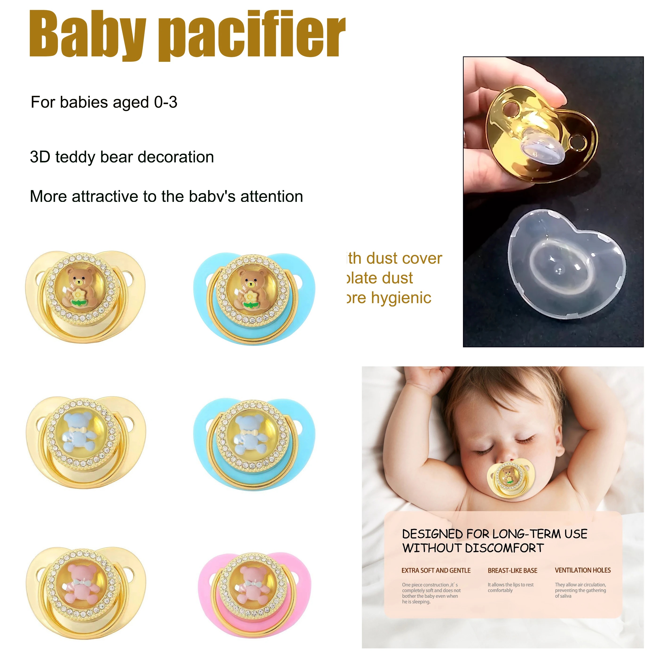 3D 3D teddy bear baby pacifier with dust cover for instant peace, the best prop for baby photography, BPA free