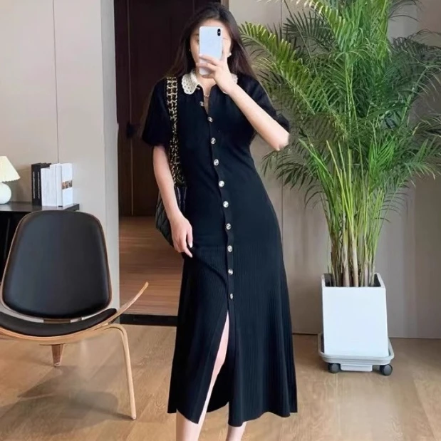

Woman Black Doll Collar Knit Dress Short Sleeve Single Breasted Evening Party Elegant Maxi Dress