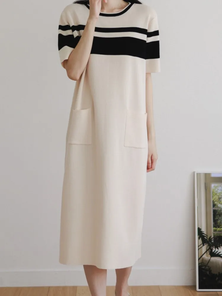 فستان نسائي صيفي مخطط بتصميم كلاسيكي جديد أنيق على الطراز الكوري مستقيم للشاطئ فضفاض متوسط الطول فساتين للسيدات غير رسمية #4