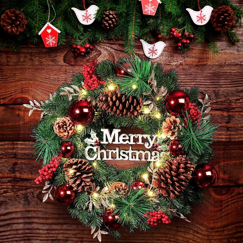 

Christmas Collection 15.7Inch Artificial Christmas Wreath Hangers For Front Door with Lights XMAS Wall Hanging Decoration