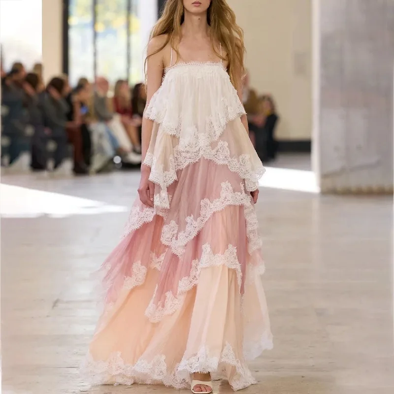 Women 2026 Summer Hot Sale Romantic Pink White Layered Lace Dress Spaghetti Strap Cross Tie Back Flowy Maxi Date Party Vacation