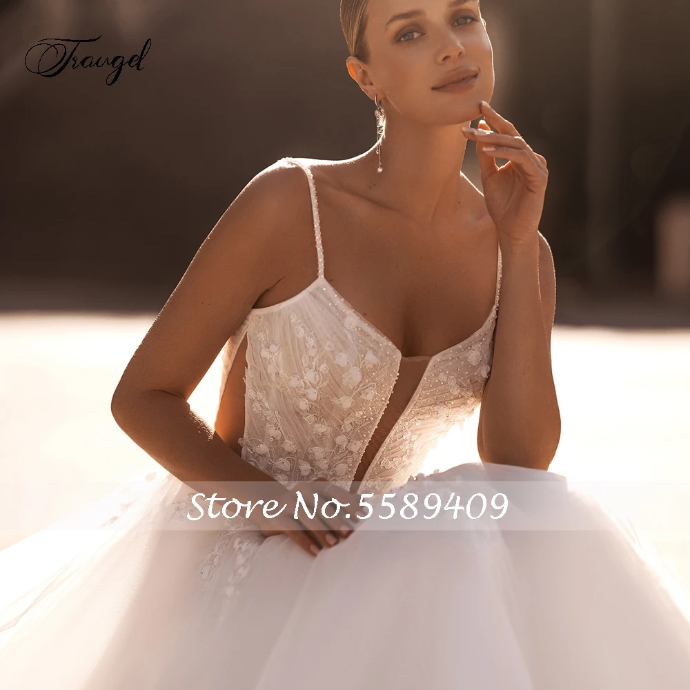 Traugel Sexy Backless Sweetheart Spaghetti Straps Wedding Dresses Delicate Appliques Beaded Court Train A Line Bridal Gown