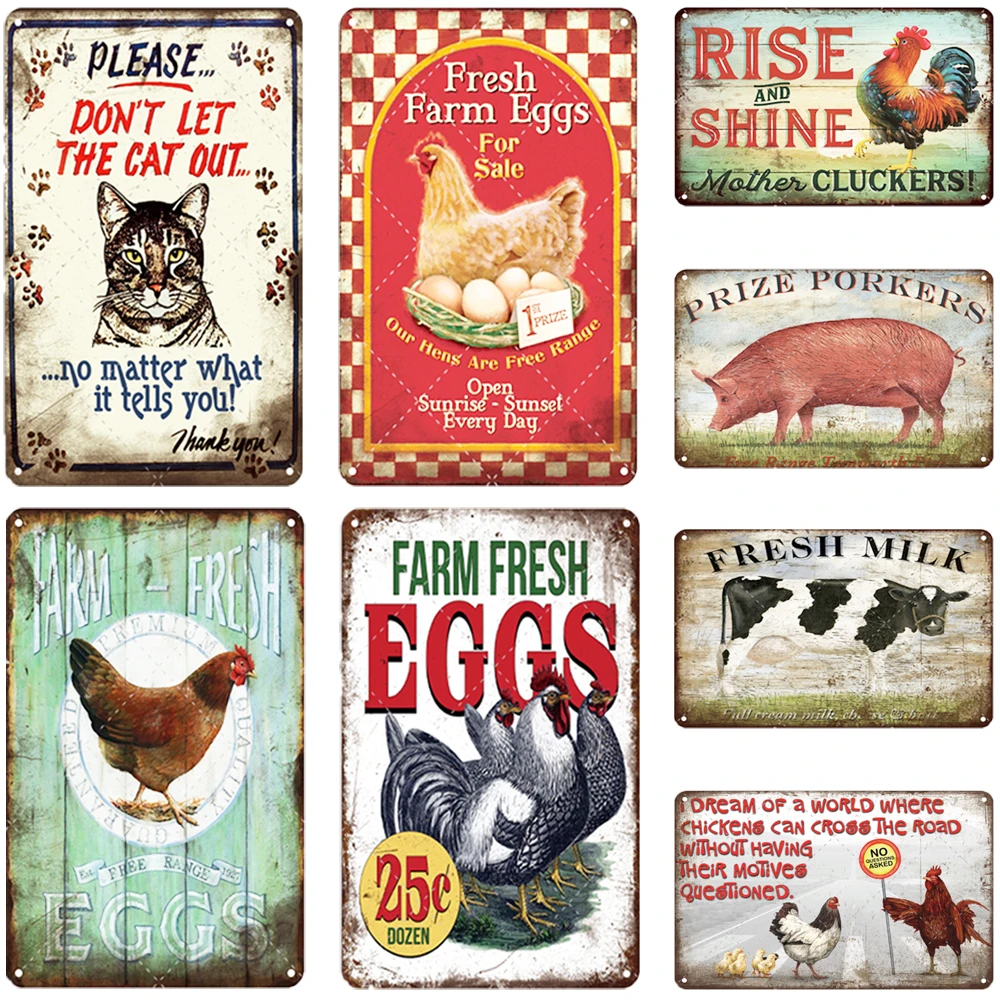 Chicken Cow Cat Dog Rooster Animal Tin Sign Metal  Vintage Farmhouse Coop Home Wall Decor Retro  Poster Iron Painting