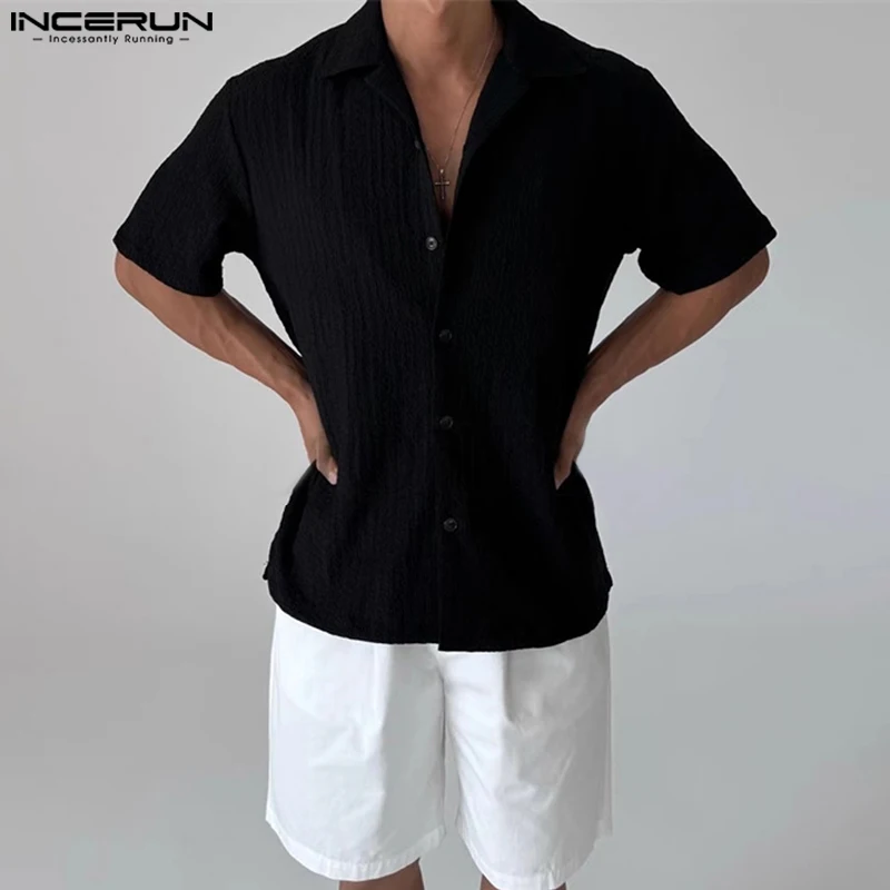 INCERUN Men Shirt Solid Color Summer Lapel Short Sleeve Casual Camisas Streetwear 2025 Fashion Leisure Men Clothing S-5XL