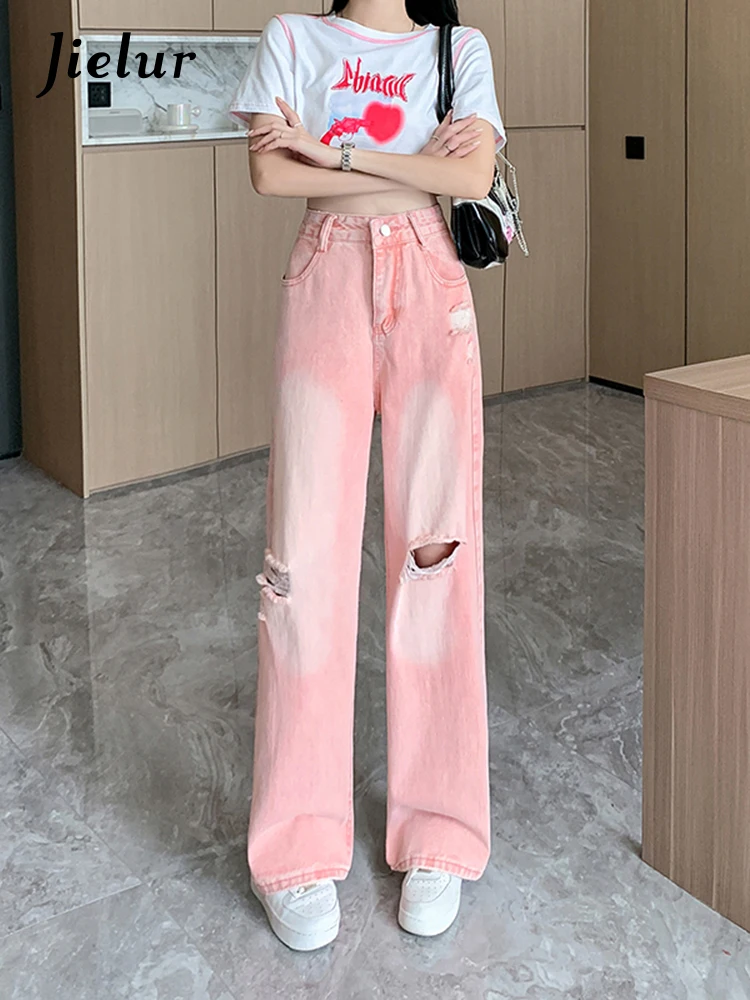 Jielur Summer New High Waist Holes Women's Jeans Casual Slim Young Chicly Jeans Woman Pink Street Fashion Basic Pants Female