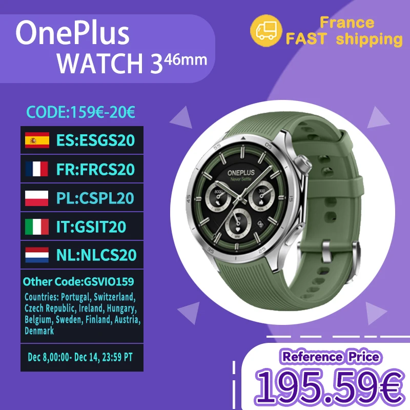 Version mondiale OnePlus Watch 3 montre intelligente 1.5 pouces AMOLED affichage 32GB mémoire Snapdragon W5 Wear OS par Google IP68