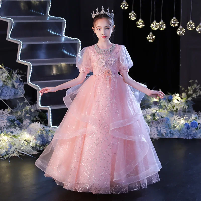 Kids Dresses For girls Party Wedding Long dress Sequins Beaded embroidery Children Pageant Gown Girls Princess pink Tulle Dress