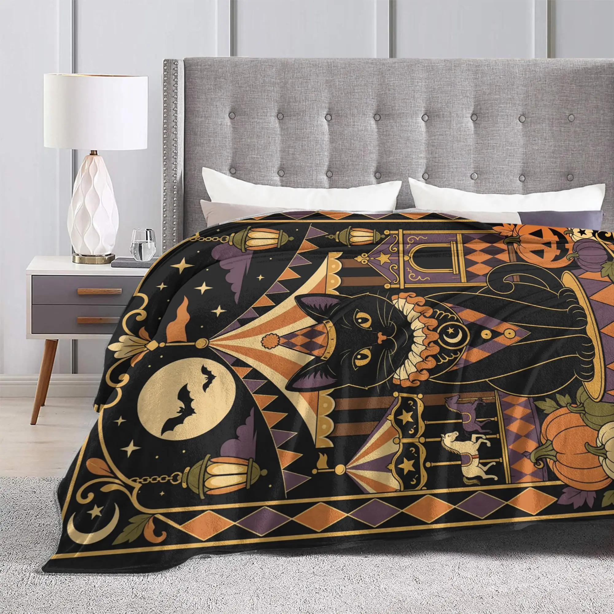 Halloween Black Cats Blankets Fleece Air Conditioning Spooky Carnival Circus Multi-function Throw Blanket Couch Plush Thin Quilt