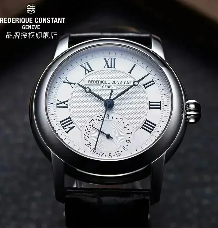 Men Luxury Minimalist Watch Frederique Constant Casual Automatic Small 24hour Scale Dial Premium Leather Strap, Quartz Movement