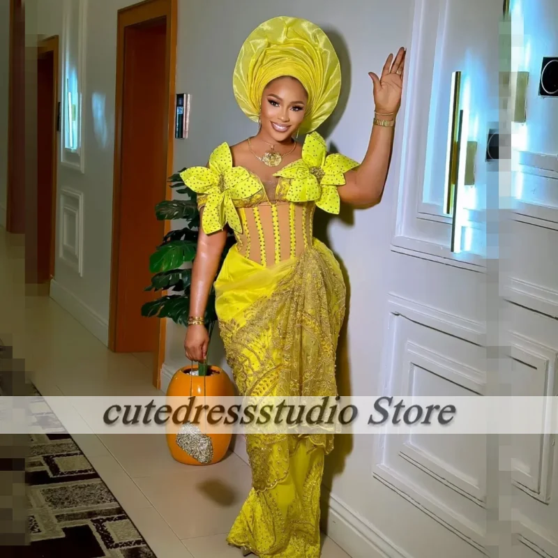 Robe de soirée jaune style Ankara pour femmes, dentelle perlée, Aso Ebi, robe de Rh, invité de mariage africain initié, quelle que soit, 2025