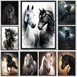 and White Black Running Horses Canvas Painting Modern Animals Posters and Prints Wall Art Pictures for Living Room Home Decor