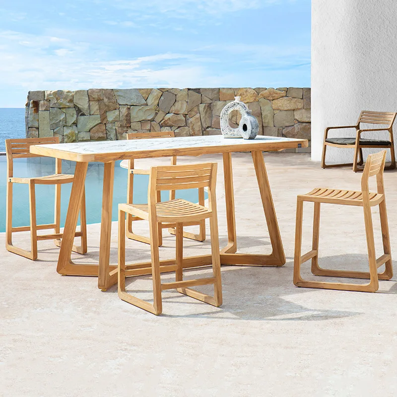 طاولات وكراسي خارجية من الخشب الصلب في الفناء والحديقة والفيلا وطاولة طعام من بلاطة الصخور في الهواء الطلق مقاومة للماء في الهواء الطلق #2