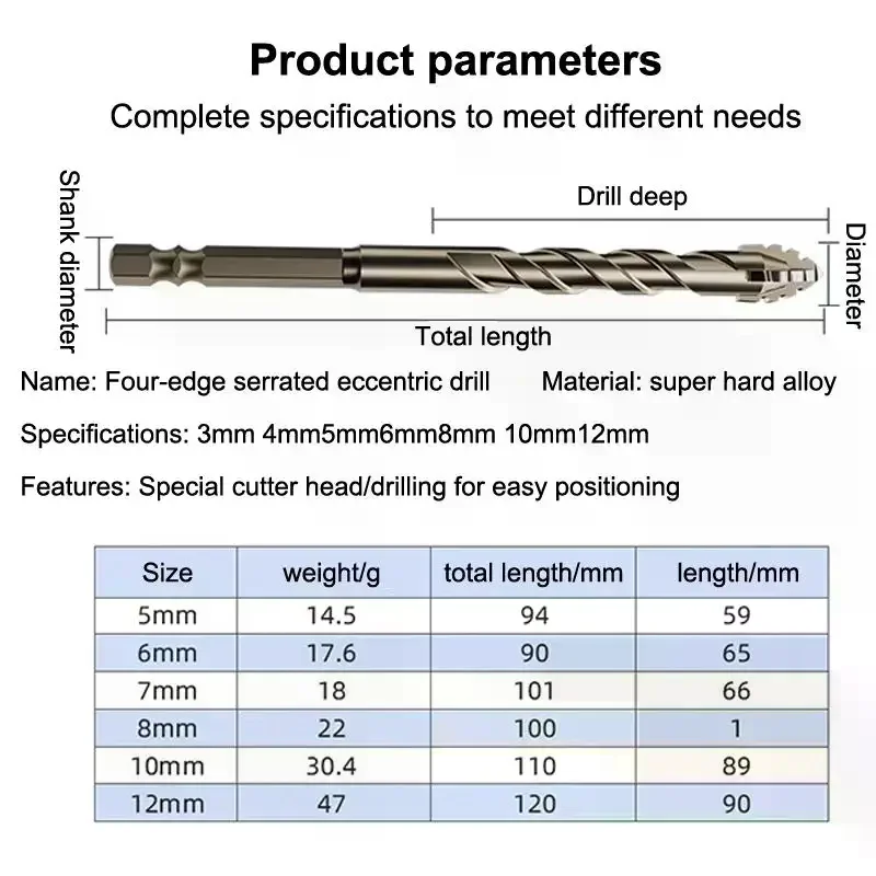 

6Pcs Shark Tooth Drill Bits 5-12 Mm Carbide Drill Bits Suitable For Ceramic Tiles Concrete And Steel