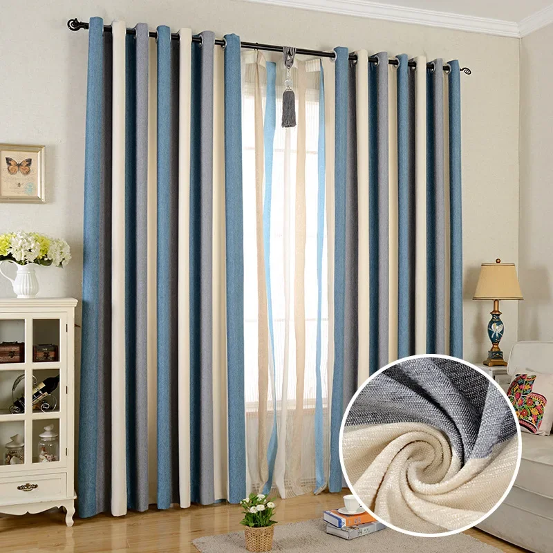 

European Chenille Vertical Strips Spliced Blackout Fabric Curtain Fabrics Finished Bedroom and Living Room Curtains