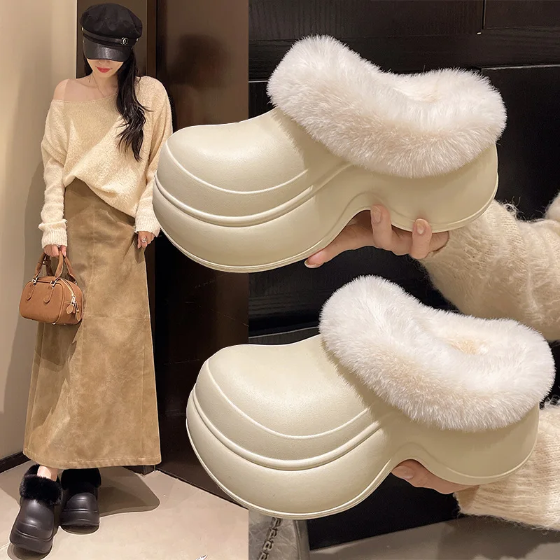 

2025 New Waterproof Cotton Slippers Woman Winter Fluffy Shoes Warm Faux Fur Soft Eva Slippers