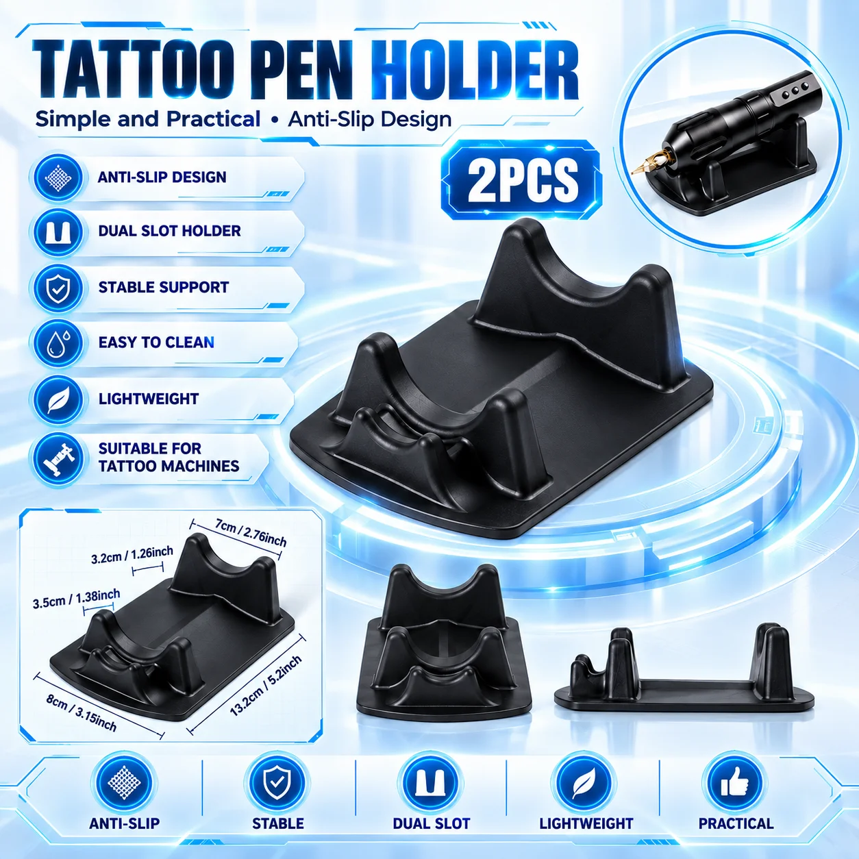 Audersigt 2PCS Silicone Tattoo Pen Holder Anti-Slip Tattoo Machine Stand Rack Display Tray Rest