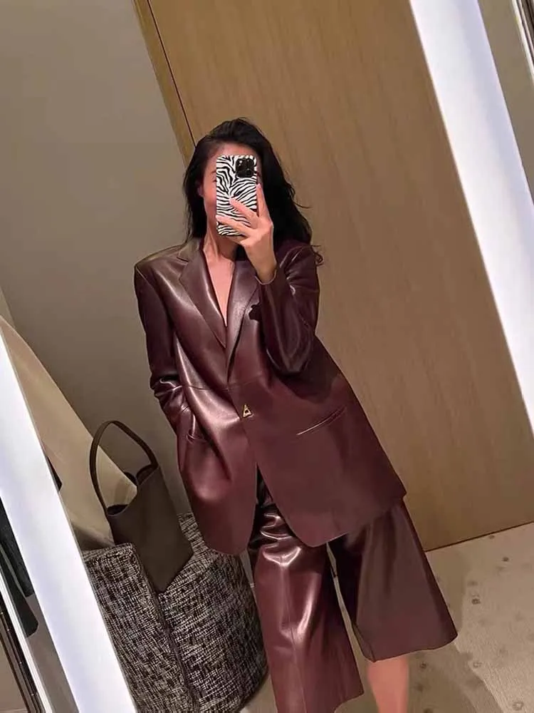 2025 Autumn Women's  Real Leather Jacket Female 100% Sheepskin Retro Wine Red Shoulder Suit Coat Streetwear Blazer Shorts Set