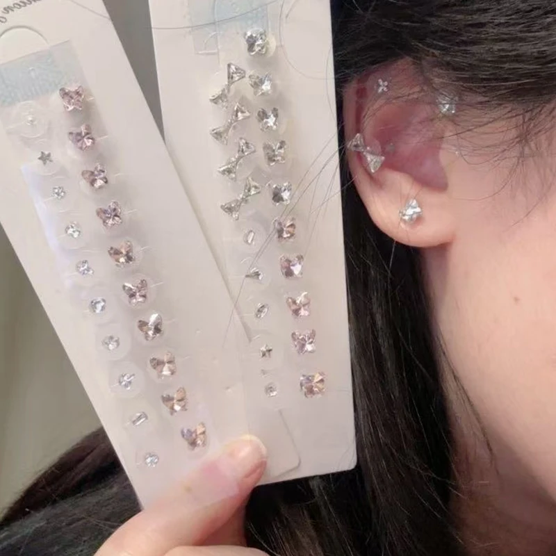 (.) Fashion Bowknot Colorful Rhinestone Pearls Ear Point Stickers Ear Pressure Stick Acupuncture Auricular Ear Stickers Massage