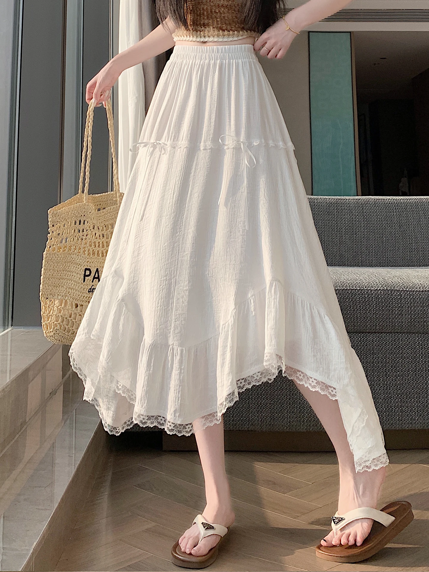 

White Lace Splicing Layered Half Skirt Women's Summer Elastic Waist Slimming Sweet Design Knot Mid-Length Skirt