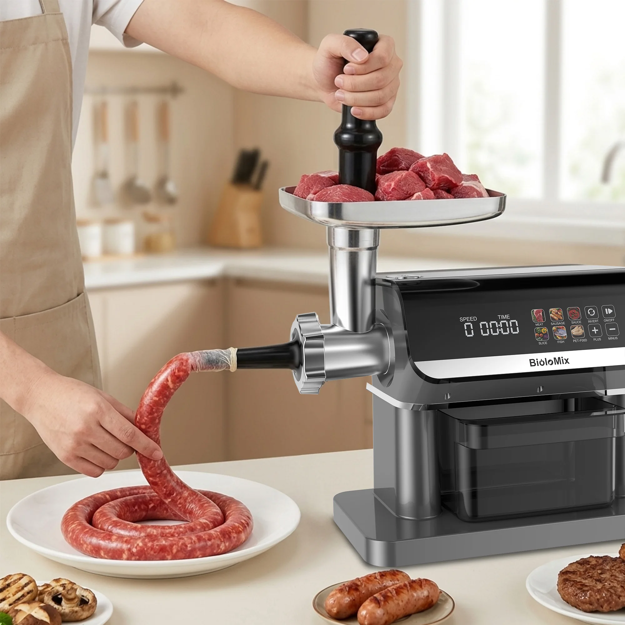 Image of BioloMix 1600W Fleischwolf mit 6 Touchscreen-Voreinstellungen und Auto-Reverse-Funktion zum Zerkleinern von Wurst und Futterpellets für den Heimgebrauch